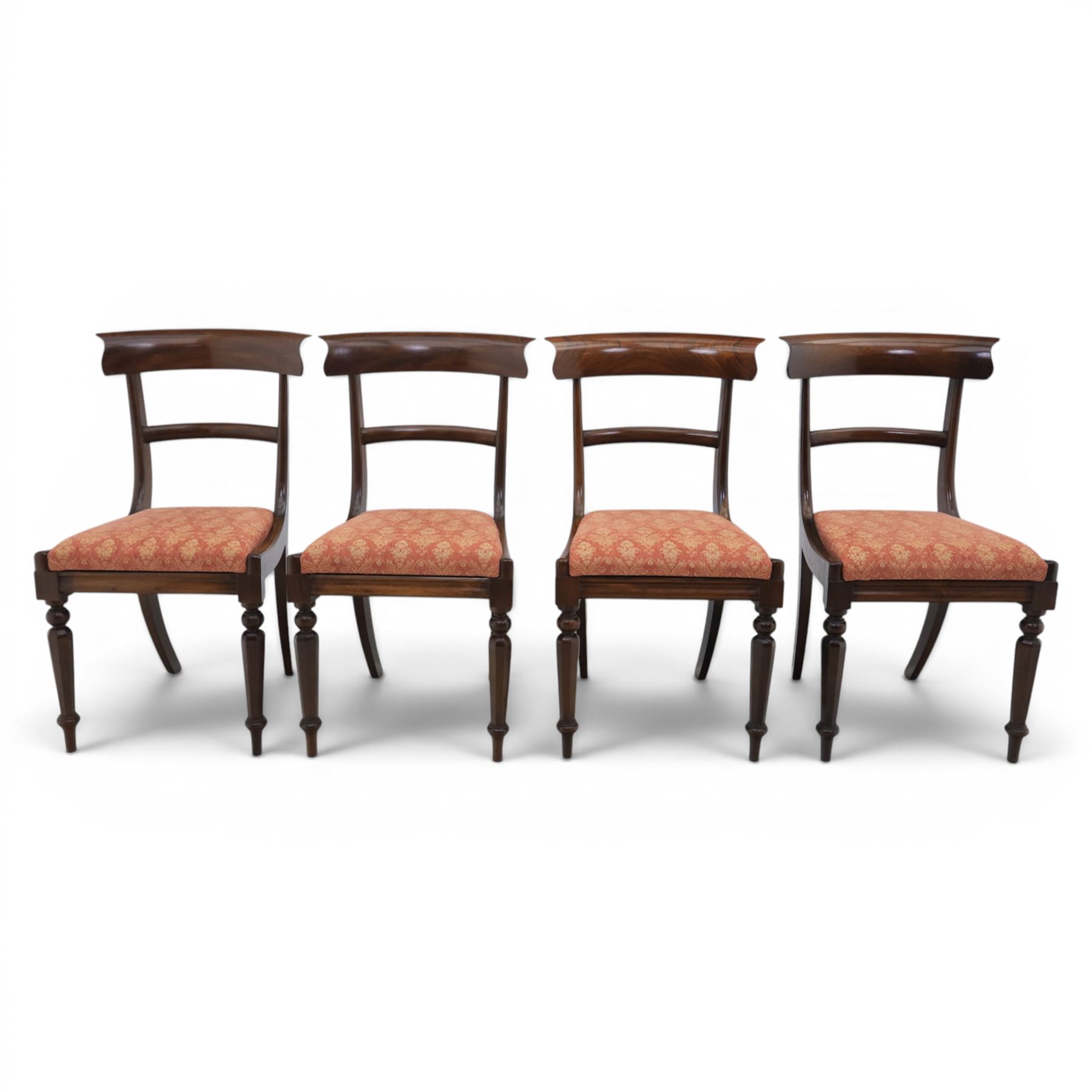 Set of eight 20th century solid rosewood dining chairs, upholstered drop in seats, on oak stretchers, made by Gott's of Pickering and T Feetam of Hull, stamped on all chairs, seat height 47cm