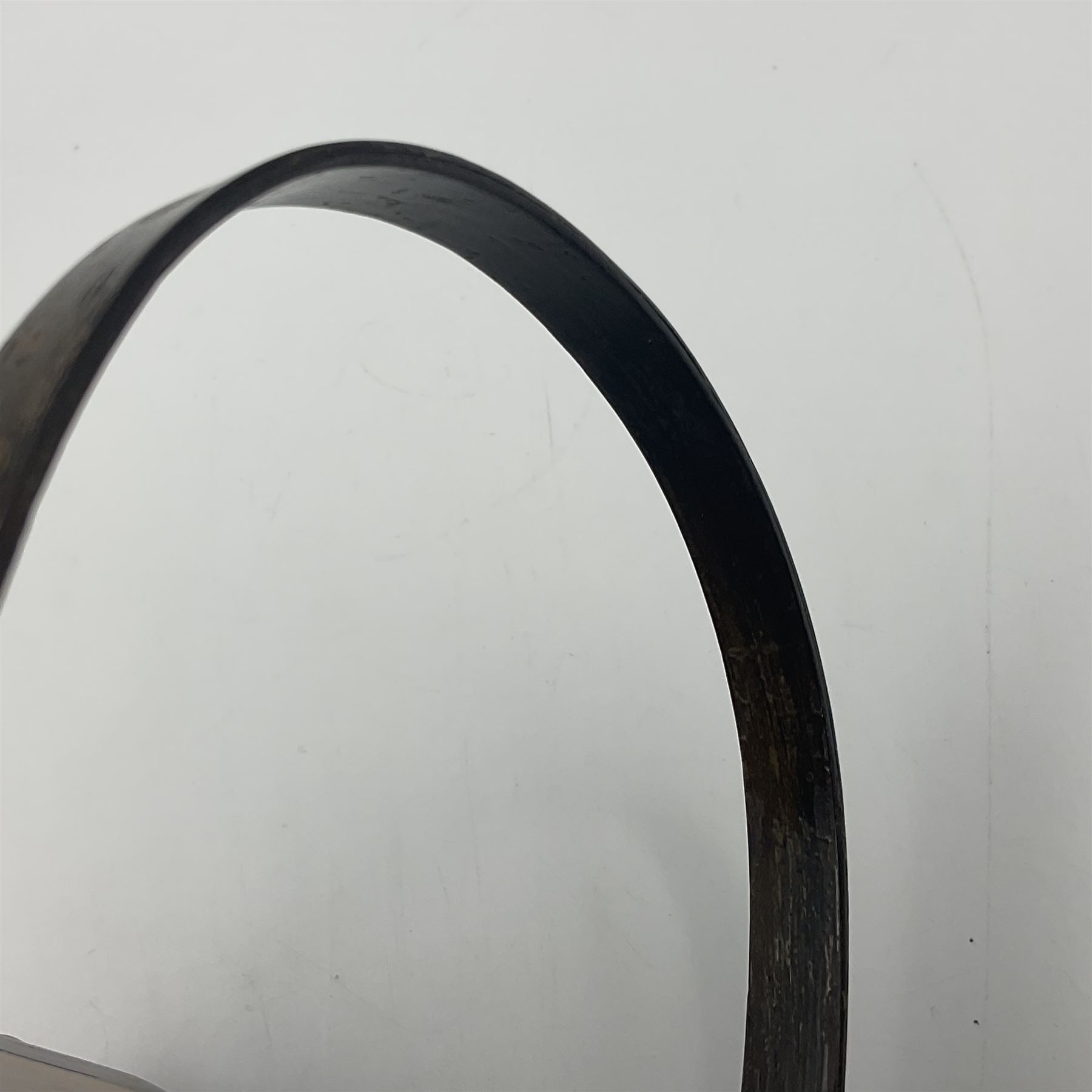 19th century rosewood Tunbridge Ware basket, of rectangular form with curved bentwood handle, and twin hinged sloping covers, lifting to reveal paper lined interiors, not including handle H5.5cm D10.5cm L18cm