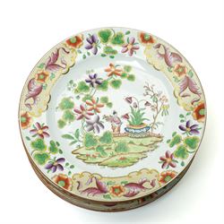 19th century Spode New Stone China dessert service, comprising sauce tureen with cover stand and ladle, large two handled serving dish and smaller example, two others, and seven plates, with chinoiserie decoration, impressed marks to bases 