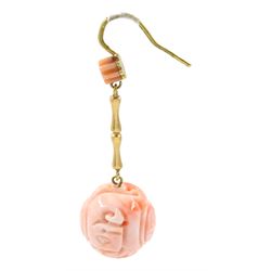 Pair of 18ct gold carved coral pendant earrings