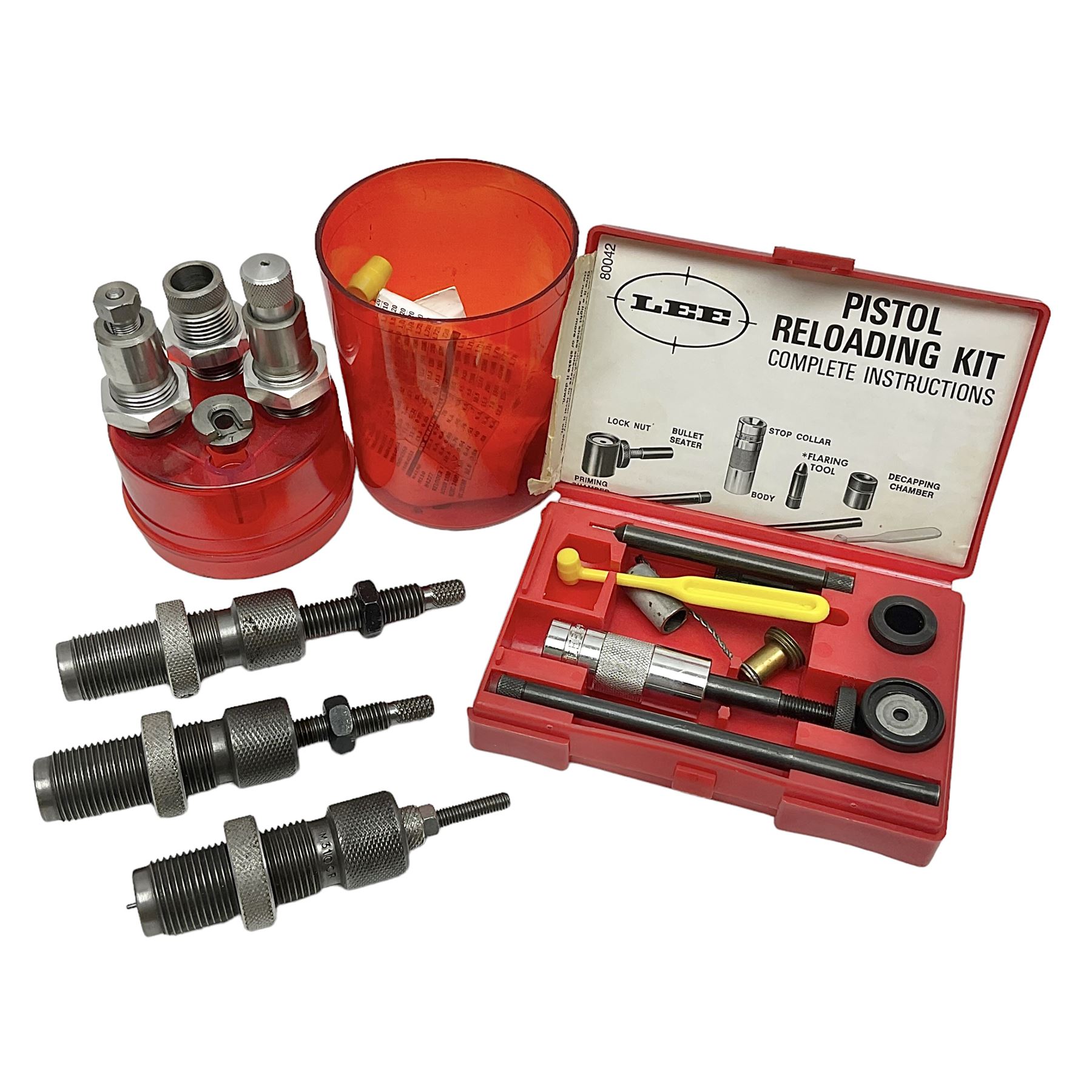 Three sets of reloading dies comprising Lee .22 Hornet and .38 Special in original boxes with paperwork; and unboxed .310 Cadet (possibly NDFS)