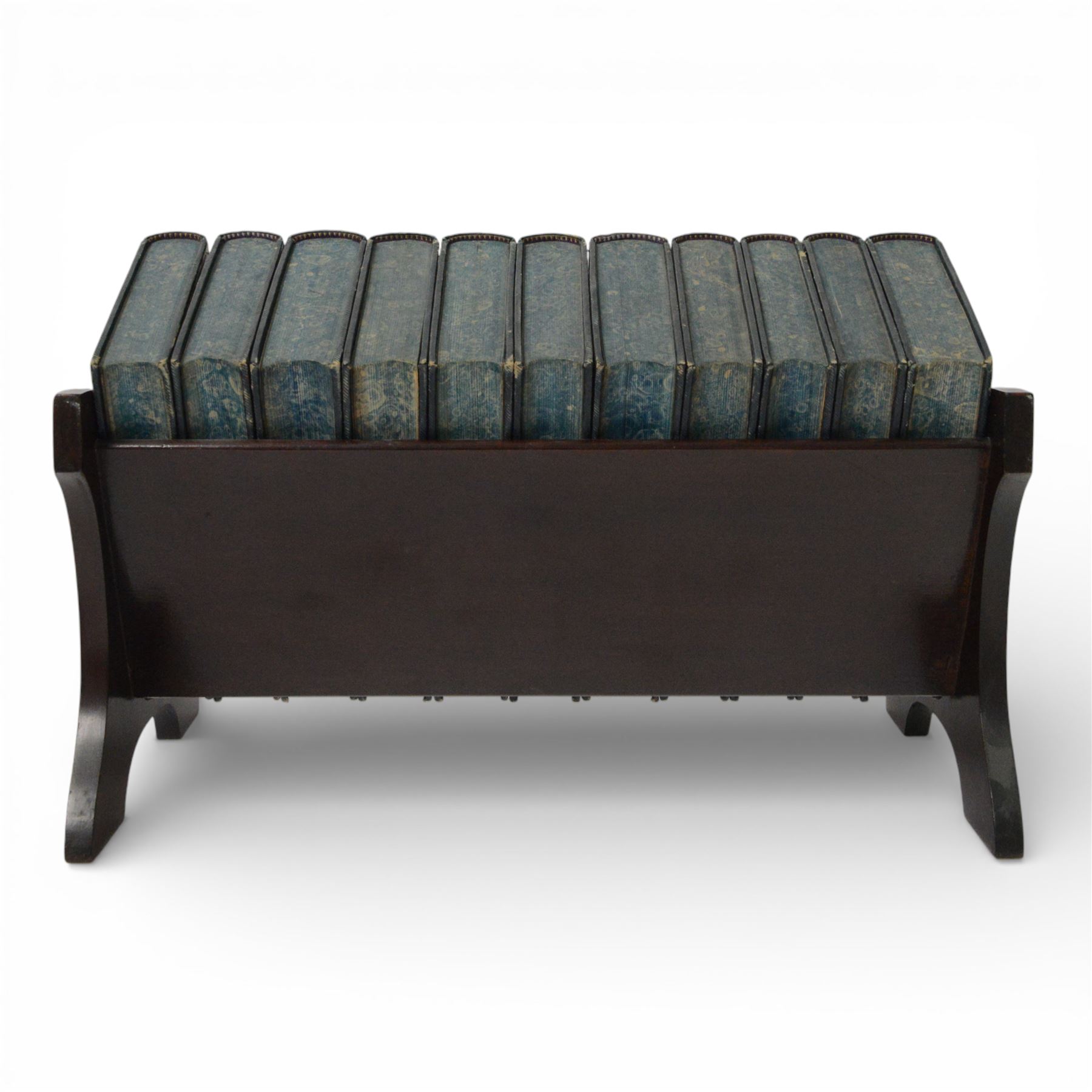 Edwardian book trough, the serpentine ends with boxwood stringing, pierced foliate keyhole shaped detail, and integrated shaped supports, housing Scott, Sir Walter, Poetical Works, Edinburgh, 1868, 12 vols, book trough 18.5cm x 38cm x 22.5cm
