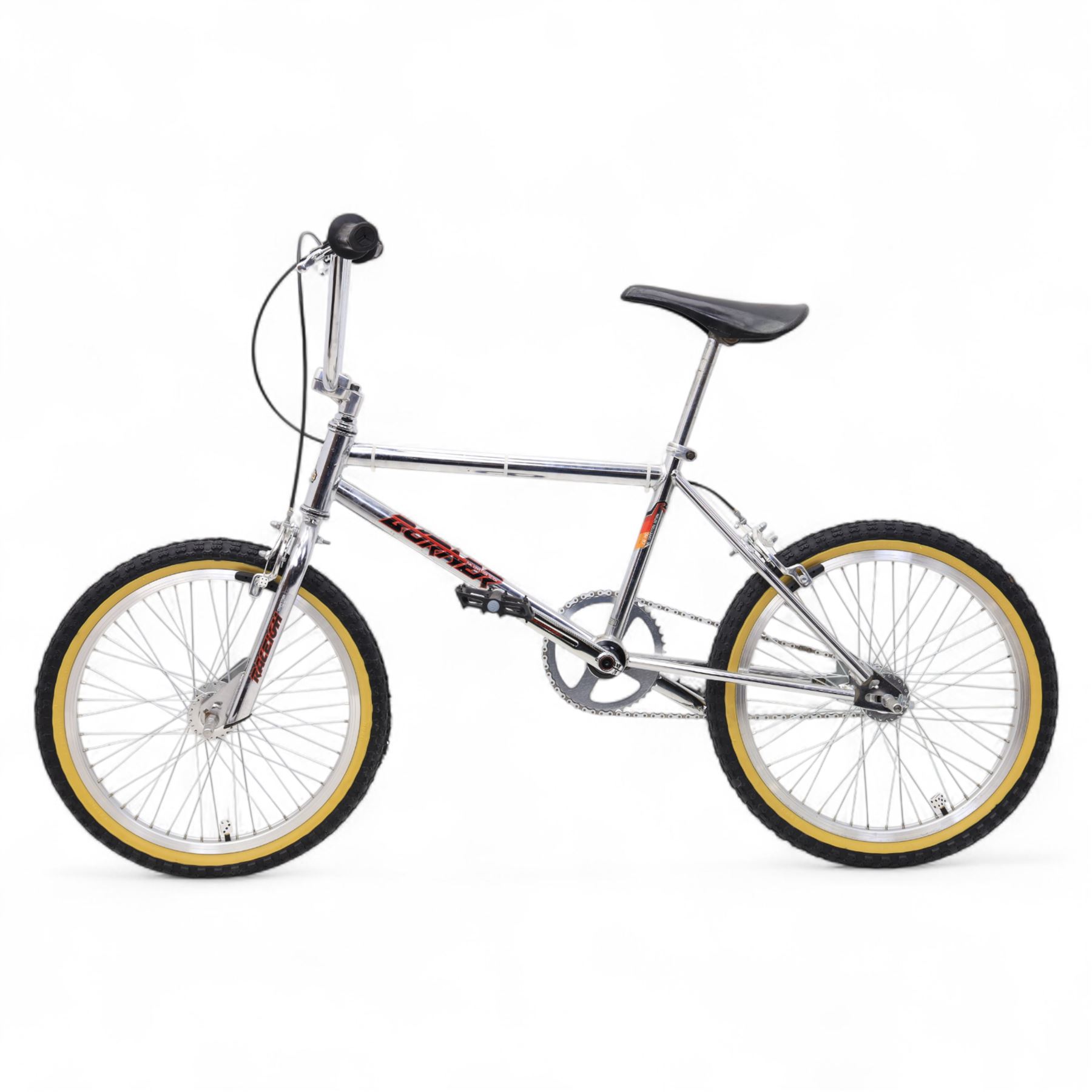 1980s Raleigh Cromo Burner BMX bike, with some original and some upgraded parts, including Oval Competition section frame and fork, Tange black rubber grips, Redline chain wheel, DMR Bikes V6 pedals and Duro Nylon F-075 tyres