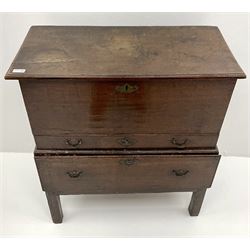 18th century oak chest on stand, rectangular moulded hinged lid over plain front with drawer, the strand fitted with drawer, on square supports with outer mould