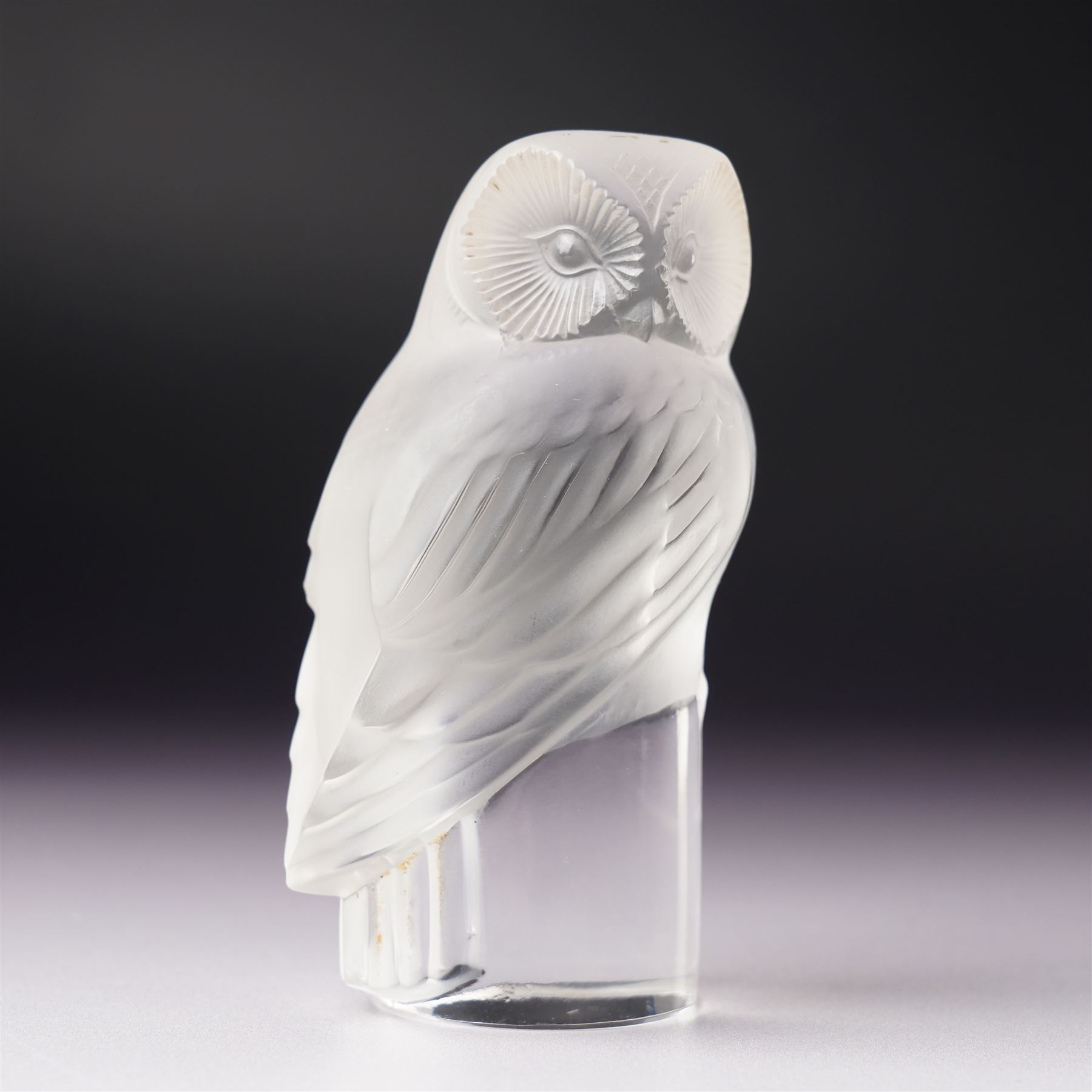 Lalique 'Chouette' frosted glass owl paperweight,  inscribed 'Lalique, France' to plinth, H9cm