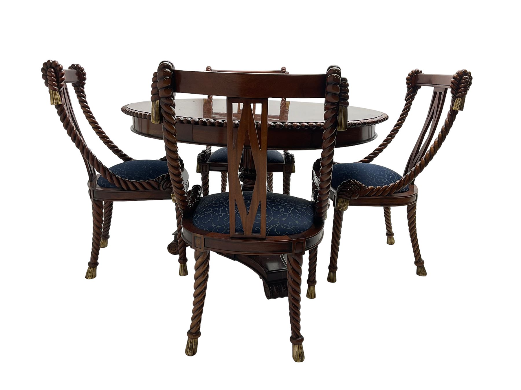 Regency style dining set - the table with circular tilt-top on turned and carved column, concaved triangular platform with three scroll carved feet, together with set four rope twist dining chairs with upholstered drop in seats