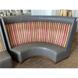 Curved restaurant bar seat, upholstered in grey leather and striped fabric- LOT SUBJECT TO VAT ON THE HAMMER PRICE - To be collected by appointment from The Ambassador Hotel, 36-38 Esplanade, Scarborough YO11 2AY. ALL GOODS MUST BE REMOVED BY WEDNESDAY 15TH JUNE.
