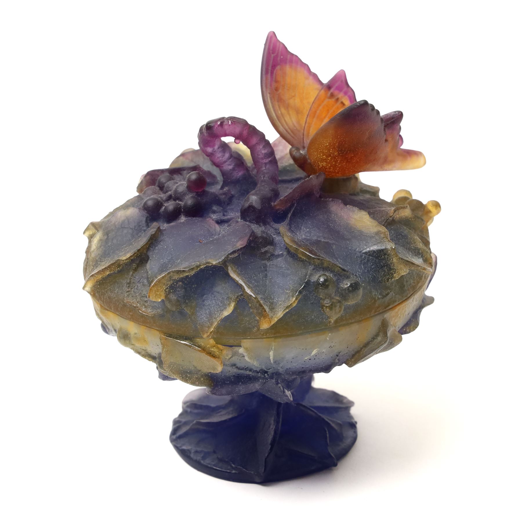 Two Daum Pate de Verre dishes, one with cover, naturalistically formed and decorated with insects and fruit in relief, each etched Daum France to base, both boxed, covered dish H14cm (2)