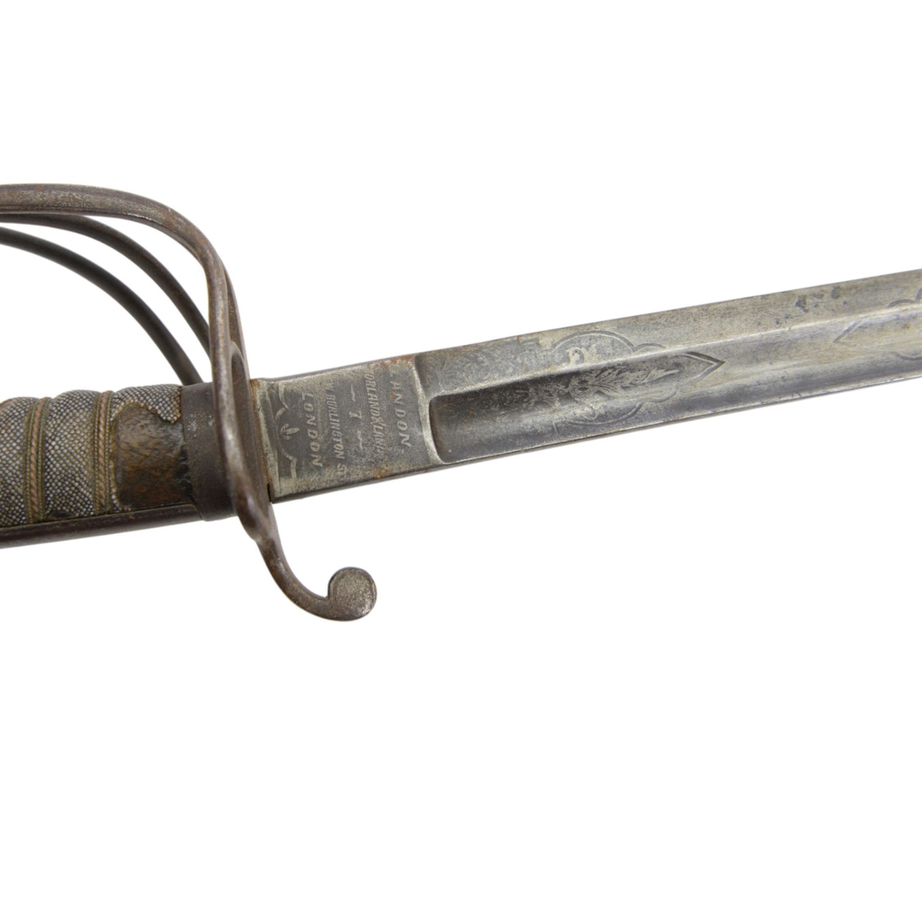 Victorian officer's sword by Landon & Morland Burlington St, London, with 82cm steel blade, wirebound fishskin grip, chequered backstrap and stepped domed pommel, overall L96cm