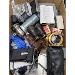 Vintage and later cameras and acessories including Yashica FX-D quartz with Yashica 'ML 50mm 1:2' lens, Kershaw eight-20 Penguin folding camera, 
 box cameras etc, various lenses including Tokina SD '70-210mm 1:4-5.6' etc and other camera related items, all untested, in two boxes