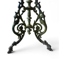 19th century ornate cast iron high garden drinks table, small circular pierced top, raised on three legged base