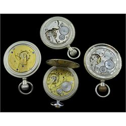 Four nickel keyless lever pocket watches with screw back cases including Thomas Russell & Sons, Nirvana and Waltham Mass (4)
