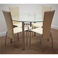  Glass top dining table with two D shaped fold out leaves on brushed metal legs and a set of four dining chairs, Diameter 122cm, H74cm  (5)  