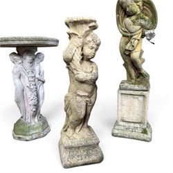 Collection of cast stone garden ornaments - three figure bird baths, figure on plinth, seated lion, lion, boy figure, and stone trough (9)