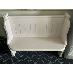 Small painted pew, with umbrella stands- LOT SUBJECT TO VAT ON THE HAMMER PRICE - To be collected by appointment from The Ambassador Hotel, 36-38 Esplanade, Scarborough YO11 2AY. ALL GOODS MUST BE REMOVED BY WEDNESDAY 15TH JUNE.