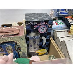 Wallace and Gromit and Shaun the Sheep collectables, including alarm clocks, plates, cafetiere, soft toys, etc, in two boxes
