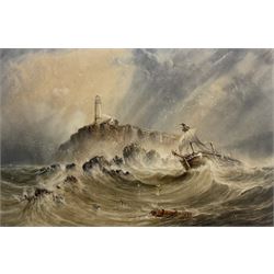 John Francis Bland (British 1857-1899): Ship in Distress off Flamborough Lighthouse, watercolour signed and dated 1881, 58cm x 88cm
Notes: Bland was born at Cloughton near Scarborough, by the age of 24 he was describing himself in the 1881 census as an artist, living with his parents in North Marine Road. He died of a stroke in 1899. This is probably the largest and most important work to have been sold at auction, showing the influence of Henry Barlow Carter (1804-1868)