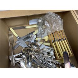 Set of four hallmarked silver teaspoons modelled on spoons from the Roman Imperial period, silver fork, and quantity of silver plated and other cutlery to include Walker & Hall, in two boxes