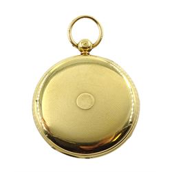 Victorian 18ct gold open face duplex fusee pocket watch by William Johnson, Strand London, No. 7681, white enamel dial with Roman numerals and subsidiary seconds dial, engine turned case, makers mark L C, London 1849