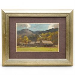 David Woodford (British 1938-): Eryri Landscape with Houses, oil on board signed 17cm x 26cm