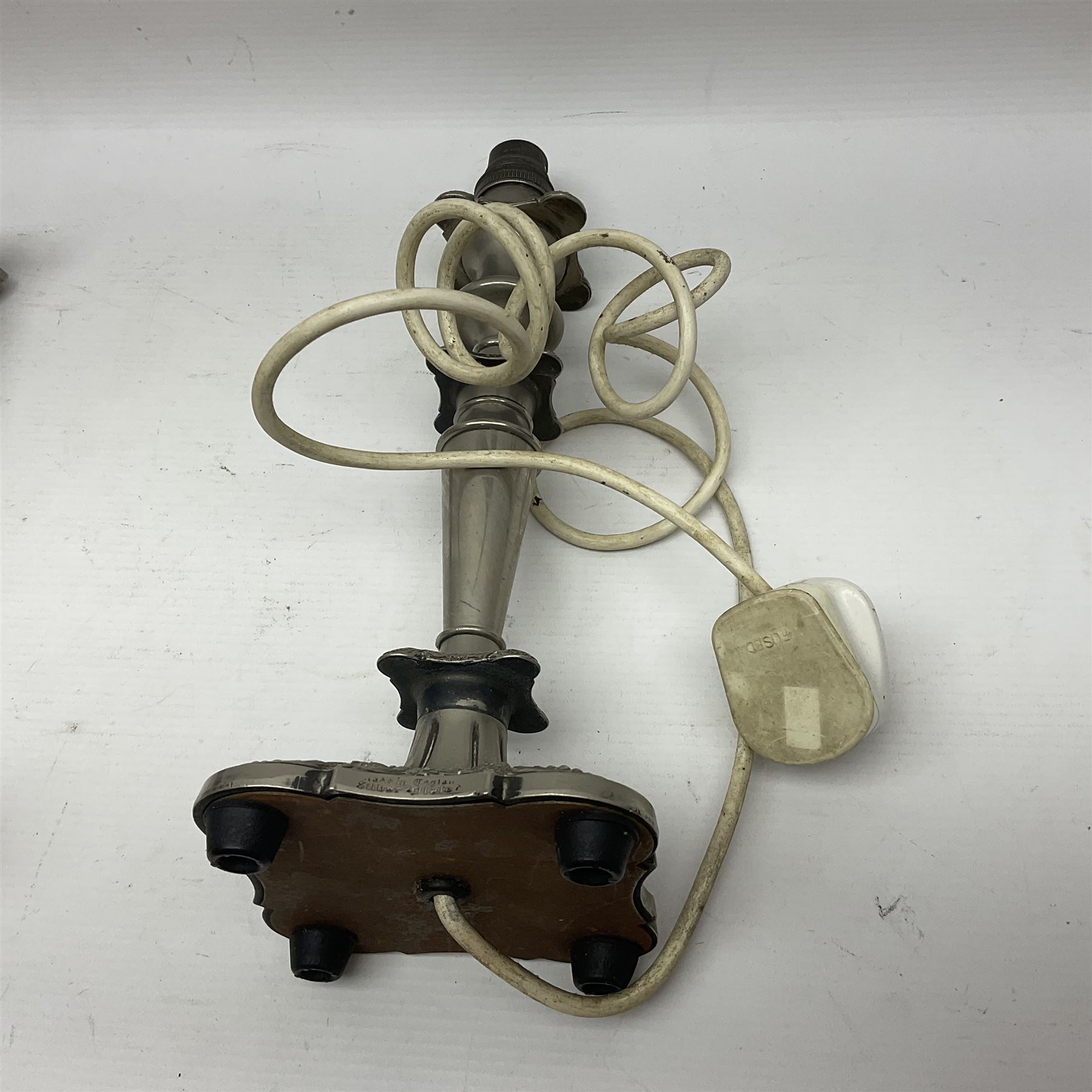 Pair of Corinthian column candlesticks, and a silver plated lamp, candlesticks H26cm