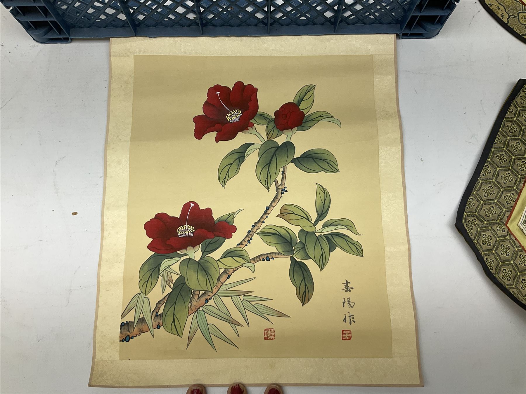 Six Chinese silks on fabric panels embroidered with birds on blossoming branches, along with three other Chinese painted silks 