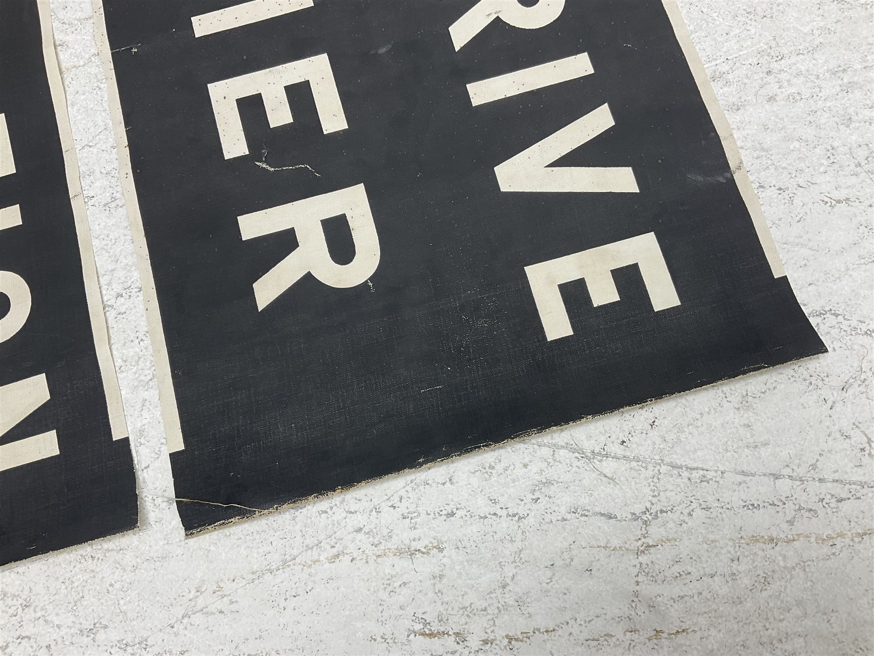 Three mid 20th century Scarborough bus destination blind sections, 'Railway Station, Falsgrave, Scalby Road', 'Marine Drive, West Pier' and 'Railway Station, Ramshill RD, Filey Road', each L78cm H30cm