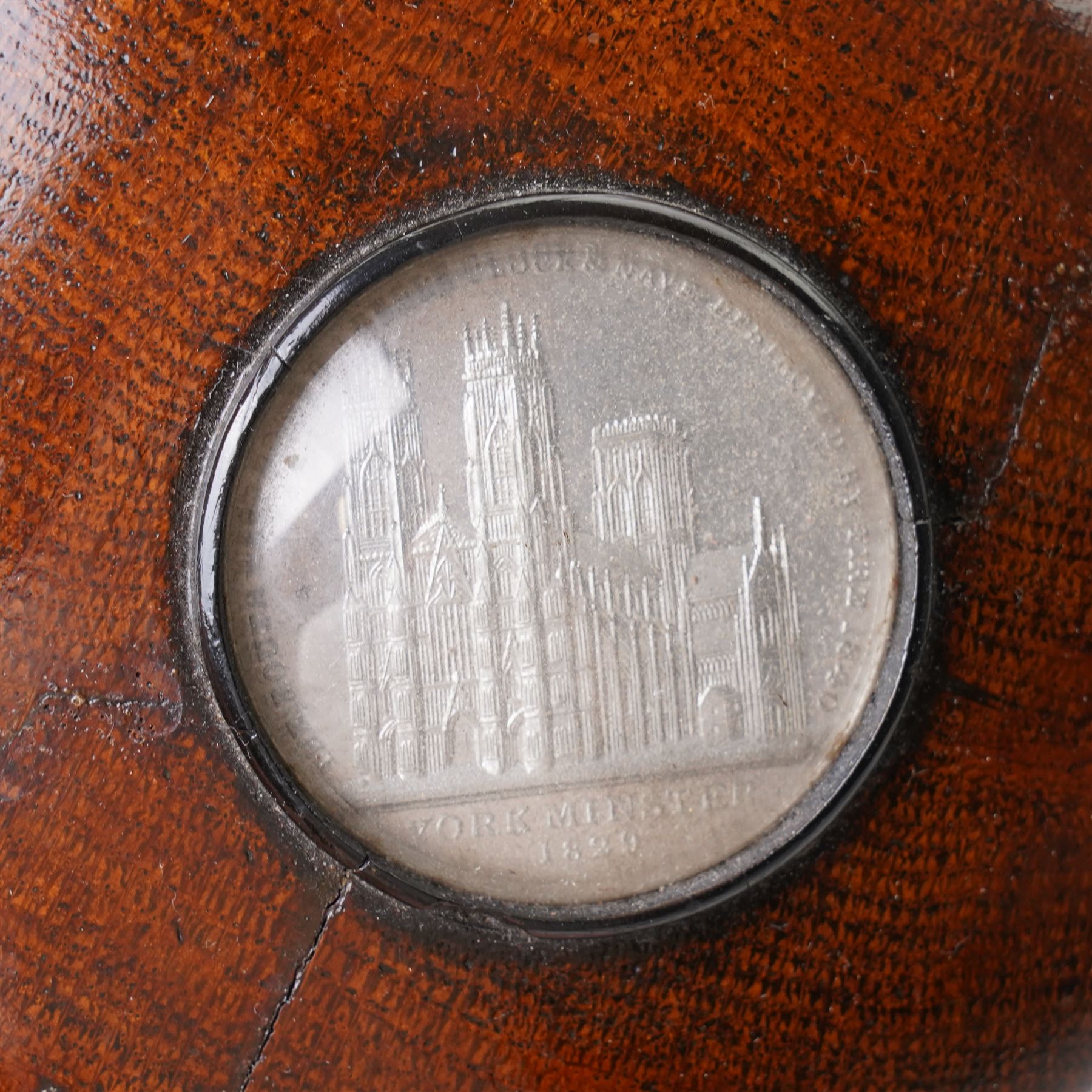York Minster - 19th century commemorative wooden box the circular cover inset with a medallion of York Minster 1829, the reverse inscribed 'The Choir of York Minster destroyed by Fire Febry 2nd 1829' D10.5cm