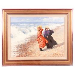 Dianne Elizabeth Flynn (Northern British 1939-): Ladies on a Windy Beach, oil on canvas signed 29cm x 39cm 
Provenance: with The Unicorn Gallery, Wilmslow, label verso