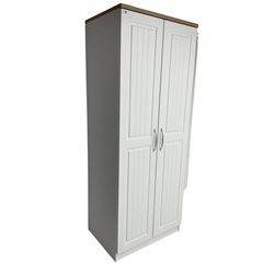 Oak and white finish double wardrobe, fitted with shelf and hanging rail