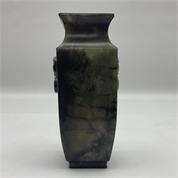 Chinese dark green soapstone square vase, with flared rim and carved foo dog masks to the sides, H13cm  