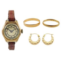 18ct gold rose gold wedding band, Birmingham 1900, gold wedding band, pair of gold earrings and a 9ct gold ladies manual wind wristwatch, on leather strap, all 9ct