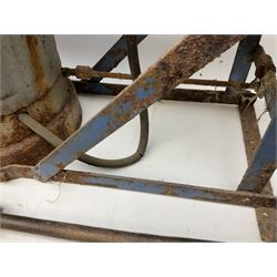 Blue and red painted gas powered bird / pest scarer, bearing label 'Exid bird & pest scarer, imported by C.R.E.A.C.O Hadleigh, Essex', , copper and brass Cymag gas hand pump, three eel spears and a set of badger tongs. Auctioneer's Note: These traps are sold as artefacts for ornamental purposes only as the use of some of them is illegal.