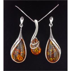 Silver amber pendant stud earrings and matching pendant necklace, stamped 925