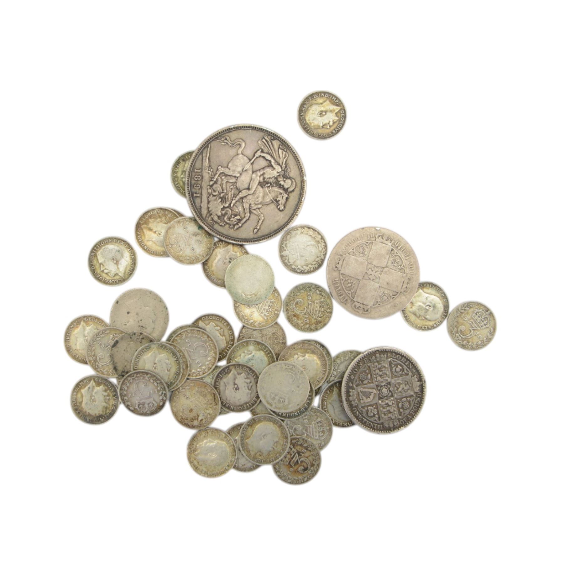 Queen Victoria 1891 silver crown coin, Queen Victoria 1849 'Godless' florin, Queen Victoria 'Gothic' florin (date rubbed), approximately 43 pre-1920 silver threepences, approximately 112 grams of pre-1947 silver coins, Roman Germanicus coin, and further Great British and World coins and banknotes, hosed in a green Ringtons tin