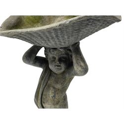 Georgian lead garden birdbath, in the form of a young boy or putto standing on snail holding a basket aloft