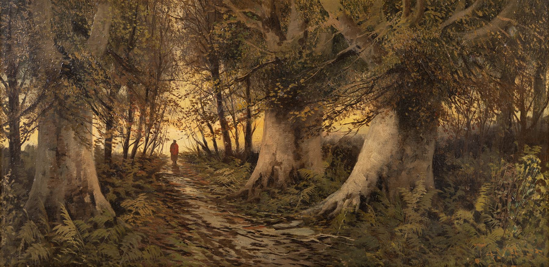 English School (19th/20th century): Figures Strolling Through Dense Forest, pair of oils on canvas indistinctly signed 29cm x 60cm (2)