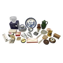 Booths Old Willow pattern plates, teacups and saucers, together with Stuart Crystal bowl with frog lid, small barometer and other collectables