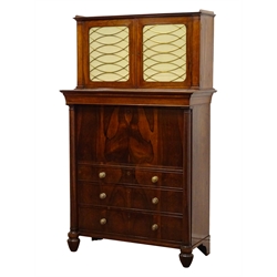  Regency rosewood secretaire cabinet with brass galleried top and two brass grilled doors, the projecting base with fall front and fitted interior above four long drawers enclosed by turned columns, on turned tapering supports, H168cm, W100, D48cm,   