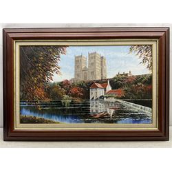 Dallas K Taylor (British 1941-2011): Durham Cathedral from the River, oil on canvas board signed 45cm x 76cm 