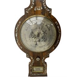 A Victorian rosewood mercury barometer with a swan’s neck pediment and brass finial, edge of the case profusely inlaid with mother of pearl inlay, 10” silvered dial with decorative engraving depicting a windmill and cottage to the centre, mercury syphon tube recording barometric air pressure from 28-31 inches with weather predictions, dial inscribed “Warranted” “ Hull” “Agostino Maspoli”, with a steel indicating hand and brass recording hand within a convex glass and cast brass bezel, circular hygrometer and boxed mercury thermometer indicating the temperature in degrees Fahrenheit, rectangular level bubble and recording hand setting disc. 
The Italian Maspoli family were prolific makers of  barometers, mathematical, philosophical and optical instruments in 19th century Hull, working from 49 Salthouse Lane (1826-31), 79 Lowgate (1835-55) and Robinson Row (1839-1859) They are also recorded as watch and looking glass makers. 
      
