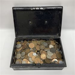 Great British and World coins, including pre-decimal pennies, threepence pieces and other denominations etc, housed in a vintage cash tin