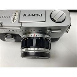 Olympus Pen FV camera body, serial no. 120981, with 'Olympus F.Zuiko Auto-S 1:1.8 f=38mm' lens, serial no. 251523, 'Olympus Zuiko Auto-zoom1:3.5 f=50-90mm, serial no. 135752 and clip on shoe