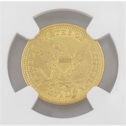 United States of America 1861 Liberty head type 2 gold two and a half dollar coin, encapsulated and graded AU58 by NGC