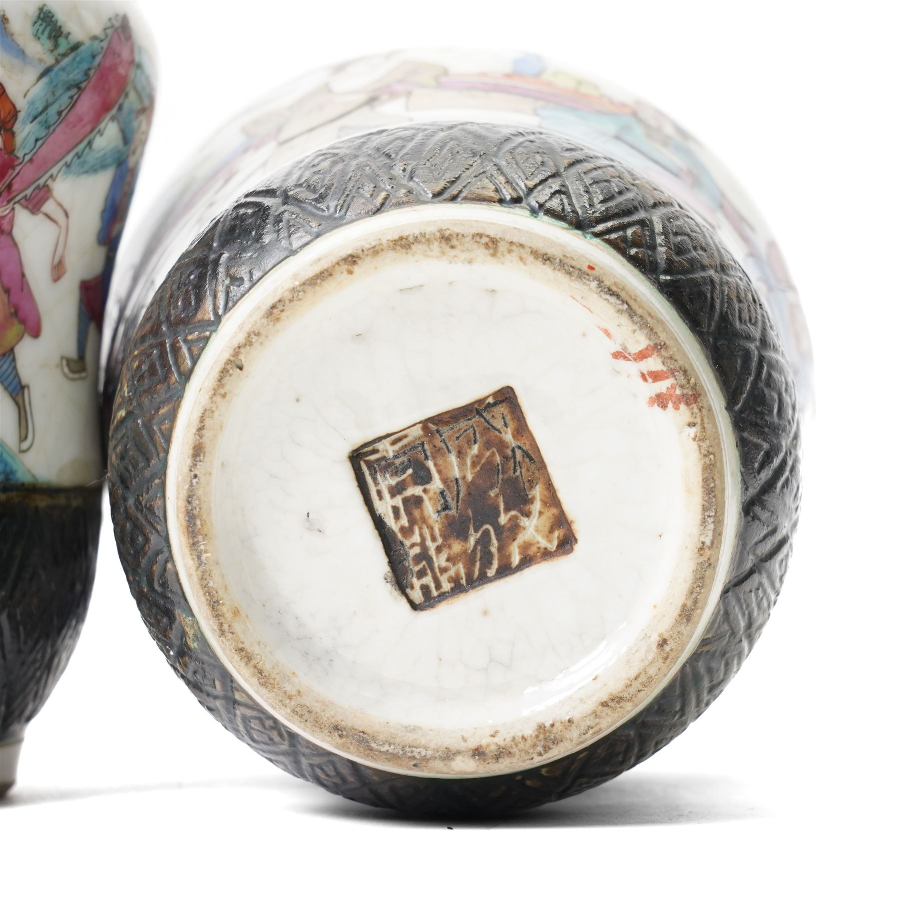 Pair of Chinese Nanking famille rose vases, painted with warriors parading, the neck moulded with cherry blossom in high relief, H24cm (2)