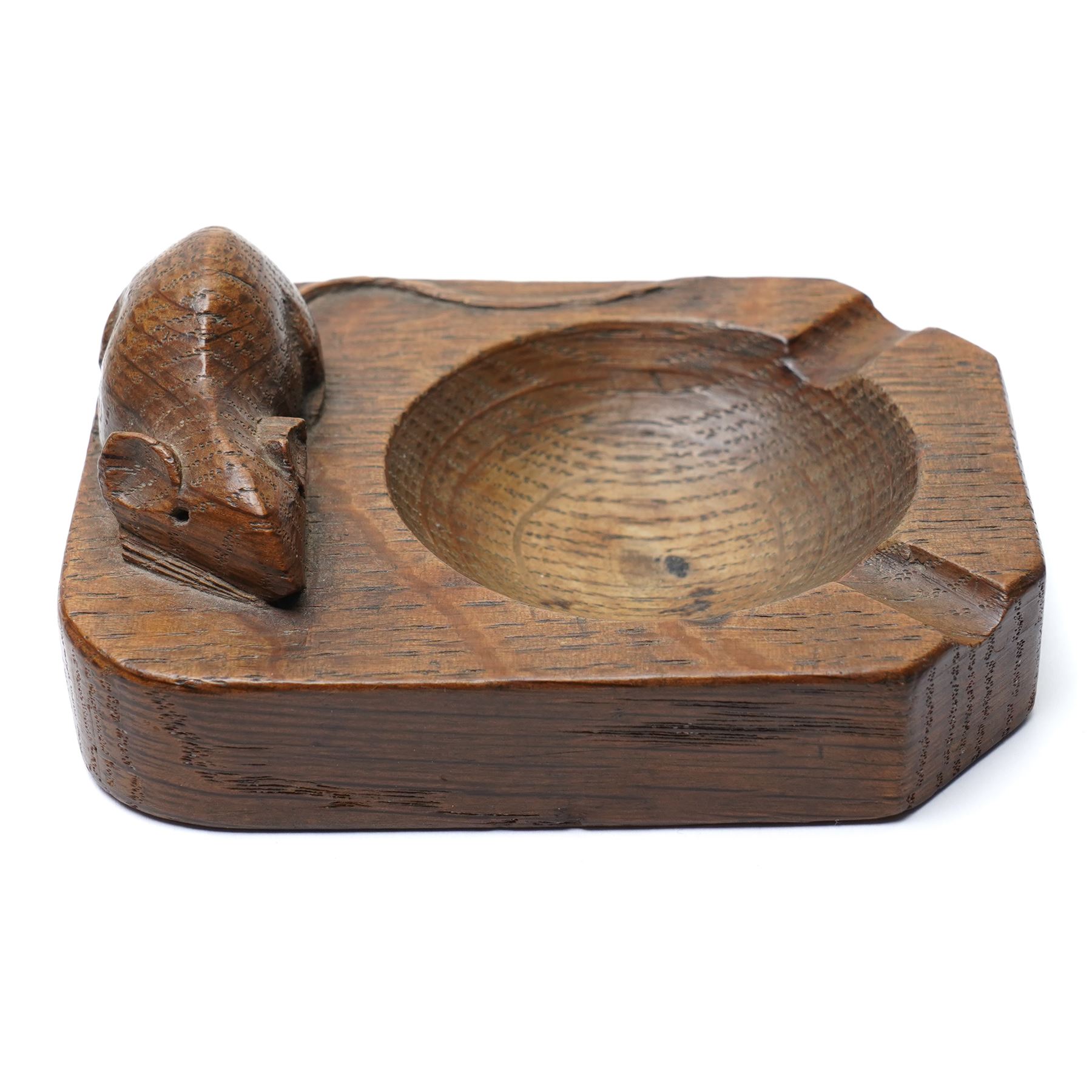 Mouseman - tooled oak ashtray, rectangular form with canted and rounded corners, carved with mouse signature, by the workshop of Robert Thompson, Kilburn, W10cm