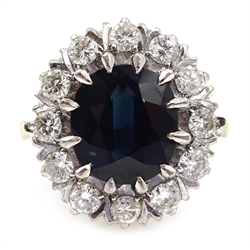  White gold oval sapphire diamond and cluster ring, stamped 18ct  