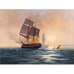 David Short (British 1940-): Ship at Sea, oil on canvas signed 43cm x 59cm