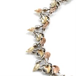 Brett Payne silver and 9ct gold fruiting vine necklace, seventeen links with alternating pears and apples and 9ct gold leaves, Sheffield 1998, boxed