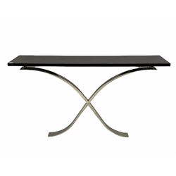 Contemporary console table, ebonised rectangular top on chromed curved x-framed base